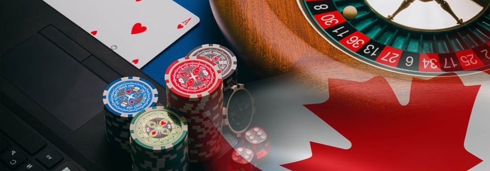 Casino Roulette, Chips, Canadian Flag and Laptop